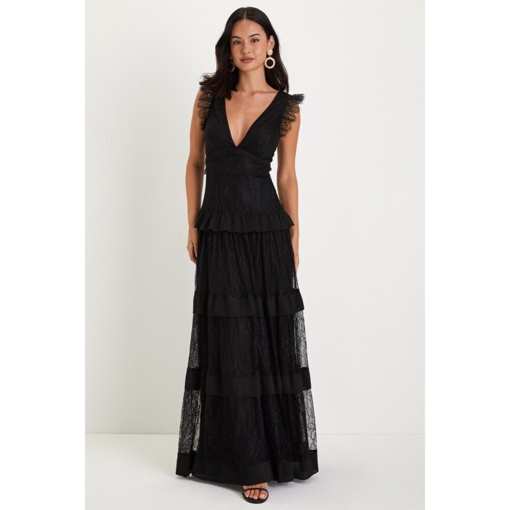 Lulus Marvelous Darling Black Lace Ruffled Tiered Maxi Dress - Size M
